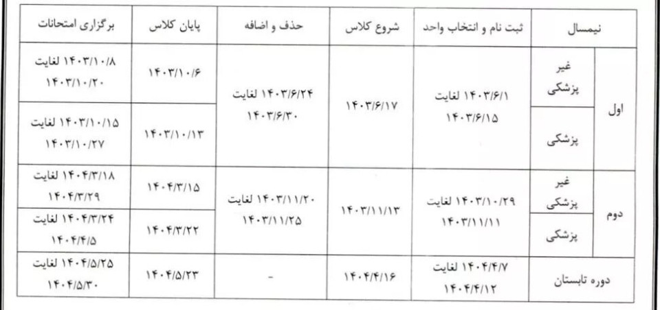 تقویم آموزشی سال تحصیلی ۱۴۰۴ ـ ۱۴۰۳ دانشگاه آزاد اسلامی اعلام شد